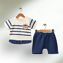 Sevimli Ayıcıklı Müslin İkili Takım Lacivert