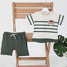 Sevimli Ayıcıklı Müslin İkili Takım Haki