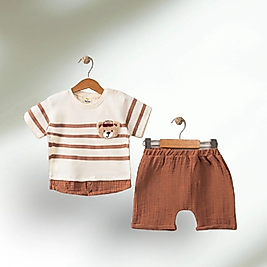 Sevimli Ayıcıklı Müslin İkili Takım Kahverengi