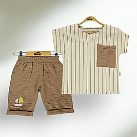 Gemi Baskılı Erkek Çocuk Müslin İkili Takım Kahverengi