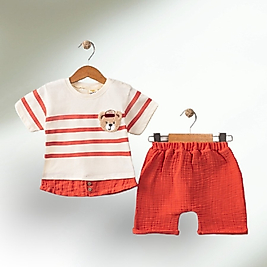 Sevimli Ayıcıklı Müslin İkili Takım Turuncu