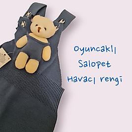 Ayıcıklı Triko Salopet Havacı Mavi